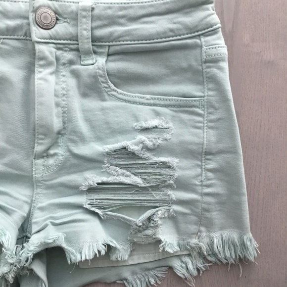 American Eagle Dusty Mint Pastel Mid / High Rise Distressed Stretchy Shorts - Picture 3 of 7